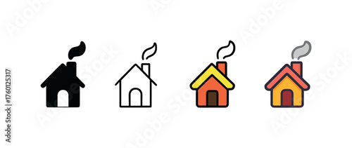 Vector icon village house with smoke same pose same proportions four styles black solid glyph outline minimal flat multicolor filled cartoon flat shaded.