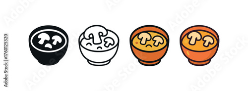 Vector icon mushroom stew bowl same pose same proportions four styles black solid glyph outline minimal flat multicolor filled cartoon flat shaded.