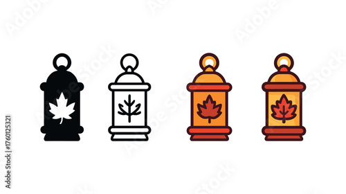 Vector icon autumn festival lanterns same pose same proportions four styles black solid glyph outline minimal flat multicolor filled cartoon flat shaded.