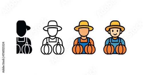 Vector icon farmer man with pumpkins same pose same proportions four styles black solid glyph outline minimal flat multicolor filled cartoon flat shaded.