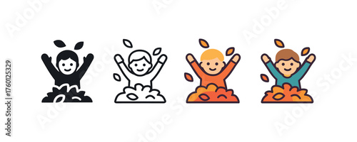 Vector icon kids playing in leaf pile same pose same proportions four styles black solid glyph outline minimal flat multicolor filled cartoon flat shaded.