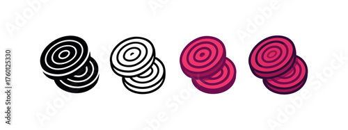 Vector icon roasted beetroot slices same pose same proportions four styles black solid glyph outline minimal flat multicolor filled cartoon flat shaded.