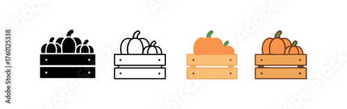 Vector icon wooden crate pumpkins autumn same pose same proportions four styles black solid glyph outline minimal flat multicolor filled cartoon flat shaded.