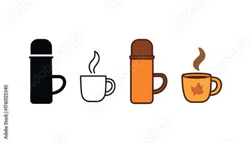 Vector icon thermos with tea autumn picnic same pose same proportions four styles black solid glyph outline minimal flat multicolor filled cartoon flat shaded.