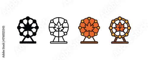 Vector icon autumn carnival wheel same pose same proportions four styles black solid glyph outline minimal flat multicolor filled cartoon flat shaded.