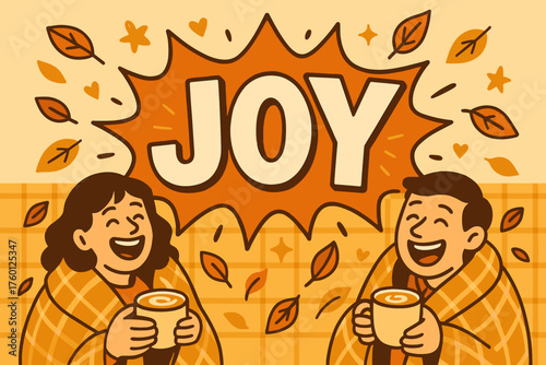 Golden plaid joy banner flat vector illustration bold oversized text inside splash explosion cartoon characters laughing while wrapped in blankets with cappuccinos leaves floating beige and.