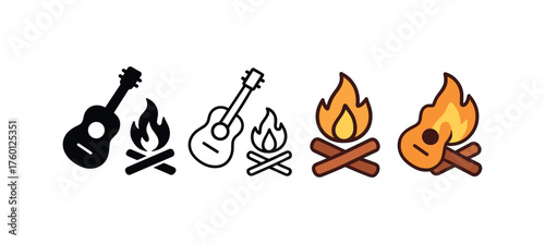 Vector icon guitar campfire autumn same pose same proportions four styles black solid glyph outline minimal flat multicolor filled cartoon flat shaded.