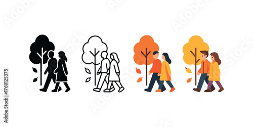 Vector icon couple walking autumn park same pose same proportions four styles black solid glyph outline minimal flat multicolor filled cartoon flat shaded.
