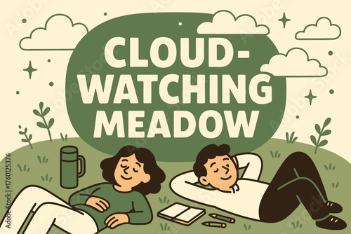 Cloud watching meadow banner flat vector illustration bold oversized text inside rounded blob cartoon characters lying with heads on the banner base thermos and notebook pencils sage green.