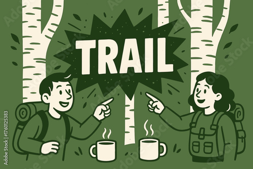 Birch bark trail banner flat vector illustration bold oversized text inside splash explosion cartoon characters pointing at the banner like waymarker beside birch trunks coffee mugs and.