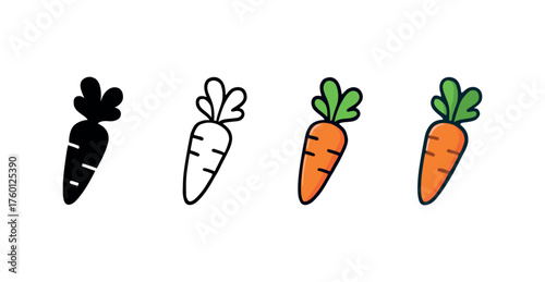 Vector icon carrot bunch harvest same pose same proportions four styles black solid glyph outline minimal flat multicolor filled cartoon flat shaded.