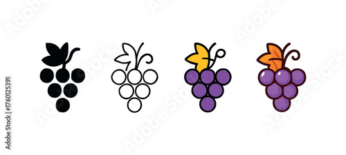 Vector icon vineyard grapes autumn same pose same proportions four styles black solid glyph outline minimal flat multicolor filled cartoon flat shaded.