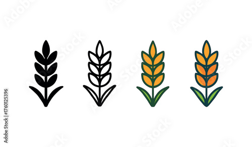 Vector icon rye ears autumn same pose same proportions four styles black solid glyph outline minimal flat multicolor filled cartoon flat shaded.