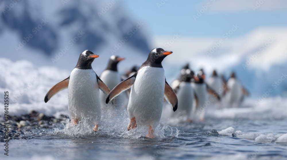 Fototapeta premium A group of penguins moves energetically through shallow water in a stunning Antarctic landscape.