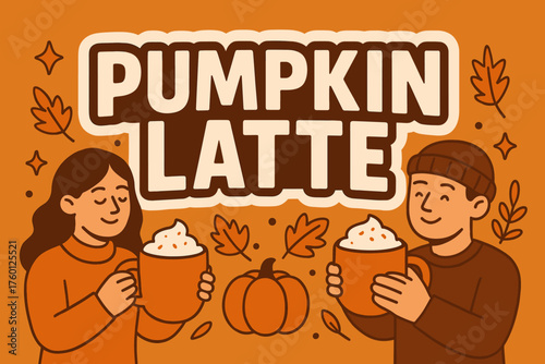 Pumpkin latte banner flat vector illustration bold oversized text inside outline cartoon characters holding pumpkin cappuccino mugs surrounded by autumn leaves orange and brown color scheme.