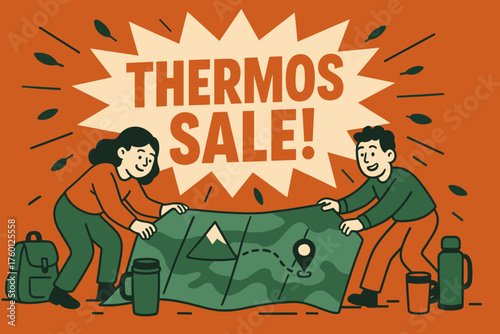 Thermos & map banner flat vector illustration bold oversized text inside splash explosion cartoon characters unrolling map across the banner backpacks and thermos mugs pine green and rust.