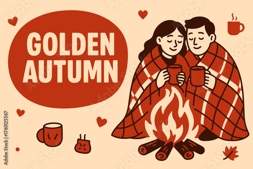 Golden autumn fireside banner flat vector illustration bold oversized text inside rounded blob cartoon characters wrapped in plaid near fire holding mugs red and beige color scheme high.