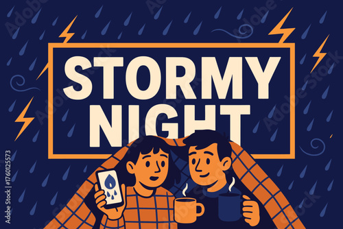 Stormy night snug banner flat vector illustration bold oversized text inside rectangular frame cartoon characters sheltering behind the banner with plaid smartphones showing rain radar and.