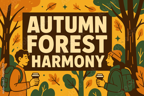 Autumn forest harmony banner flat vector illustration bold oversized text inside rectangular frame cartoon characters walking with backpacks and cappuccinos under trees golden and green.