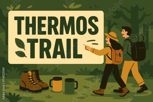 Forest thermos trail banner flat vector illustration bold oversized text inside rectangular frame cartoon characters pointing at the banner while trekking backpacks and thermos mugs placed.