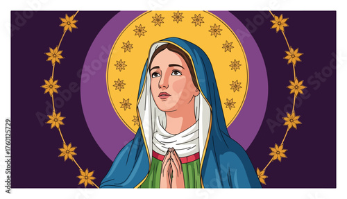 The Blessed Virgin Mary praying. Catholic religious icon with a halo of stars. Vector illustration.