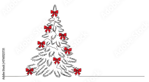 Christmas fir tree with red bows. Holiday decoration in a sketchy continuous one line drawing style. Vector illustration.