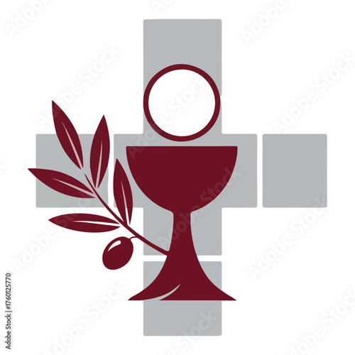 First Communion Christian Symbol. Eucharist Icon with Chalice Host Cross and Olive Branch. Vector Illustration.