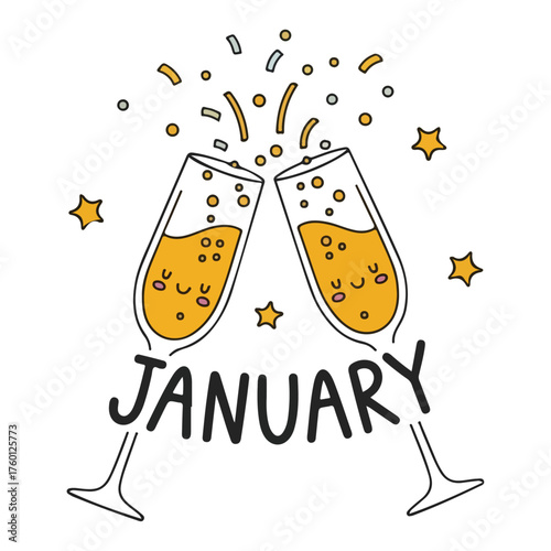 January celebration — clinking champagne glasses with confetti playful vector month illustration