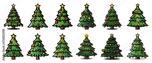Decorated Christmas Tree Set. Collection of colorful cartoon holiday fir trees with ornaments and stars. Vector illustration.