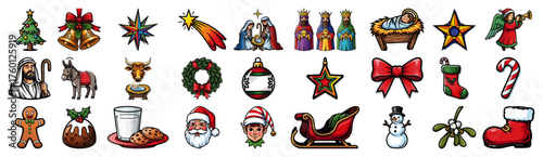 Christmas and Nativity Icon Set. Big collection of colorful cartoon holiday symbols. Vector illustration.