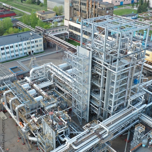 A modern oil refinery. A system for processing crude oil into finished petroleum products.