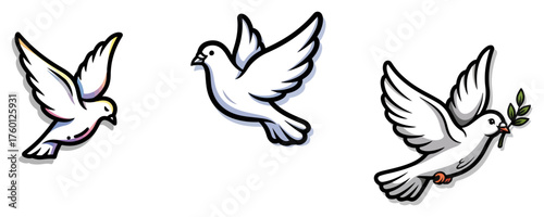 Dove of Peace Icon Set. Flying white pigeons with an olive branch. Christian symbol of the Holy Spirit. Cartoon vector illustration.