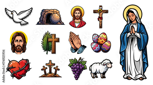 Cartoon Christian Icon Set. Vector Collection of Easter and Religious Symbols.