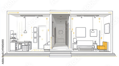 Architectural perspective showcasing a cross-section of a home. Interior layout and design with rooms visible