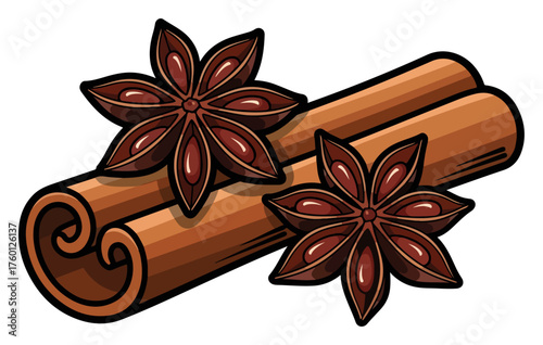 Cinnamon sticks with star anise — aromatic spice vector illustration for winter and Christmas recipes