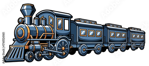 Vintage steam locomotive with carriages — classic railway train vector illustration