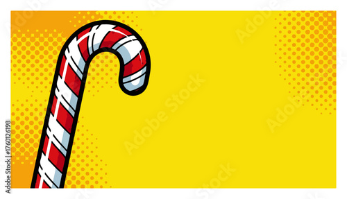 Christmas Candy Cane in a Pop Art Style. Retro holiday banner with yellow halftone background. Vector illustration.