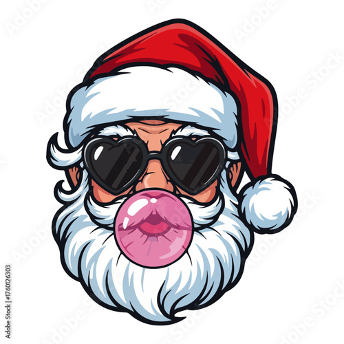 Cool Santa Claus with Sunglasses and Bubble Gum. Funny Christmas Cartoon Vector Illustration.
