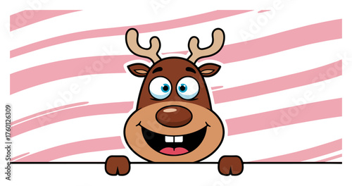 Cute Cartoon Reindeer Peeking Over a Blank Sign. Christmas Character Vector Illustration with space for text.