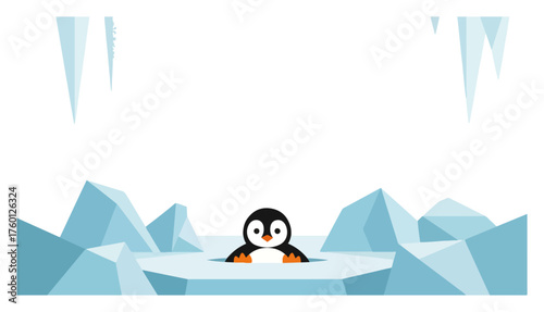 Cute Penguin in an Ice Hole. Winter Arctic Scene. Flat Vector Illustration.