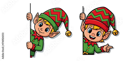 Cute Cartoon Christmas Elves Peeking and Pointing. Vector Holiday Character Set.