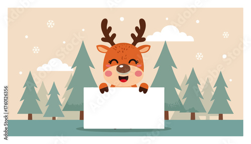 Cute Christmas Reindeer Holding Blank Banner. Winter Forest Vector Background.