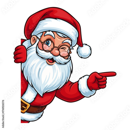 Winking Santa Claus Cartoon Character Pointing. Christmas Holiday Mascot Peeking from the Side. Vector Illustration.