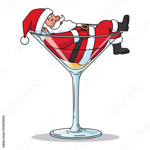 Santa relaxing in a martini glass — funny Christmas cocktail vector illustration for party invites