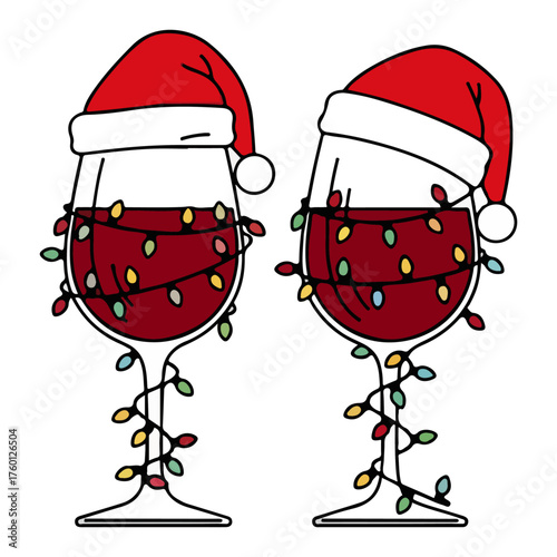 Funny Christmas Wine Glasses Vector. Cartoon Illustration of Wine with Santa Hats and Lights.