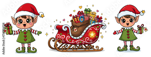 Cute Christmas Elves with Santa's Sleigh Filled with Gifts. Cartoon Vector Holiday Character Set.