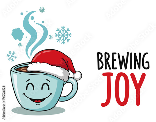 Funny Christmas Coffee Mug with Santa Hat and Brewing Joy Quote. Vector Holiday Cartoon Illustration.