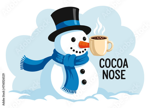 Funny Snowman with a 'Cocoa Nose' Pun. Cute Winter Holiday Vector Illustration.
