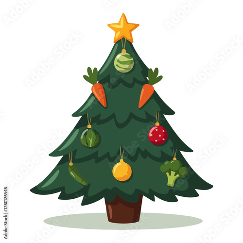 Decorated Christmas tree with star and ornaments — classic evergreen holiday vector illustration