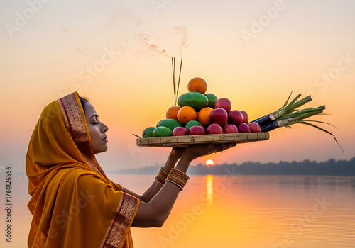 Woman holds fruits near water at sunrise. Serene shot conveying cultural ritual. Religious observance, spiritual practice, morning sunlight.